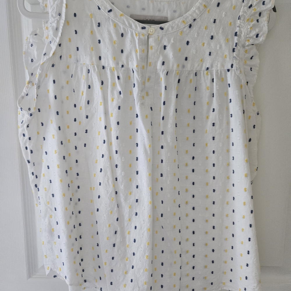 LOFT White Multi Colored Blue And Yellow Speck Ruffled Bib Collar Blouse